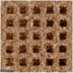 Part of a large array generated by electron-beam lithography, containing ferromagnetic hydrogenated graphene lattice and the 50 nm nonmagnetic squares
